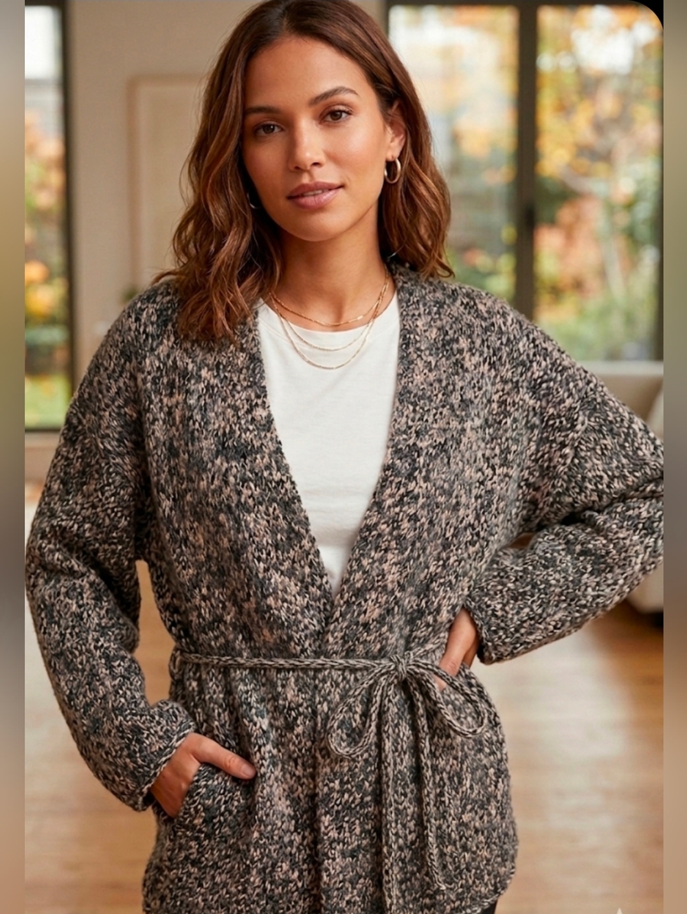 NEW Zara Black and Gray Marled V-Neck Belted Sweater